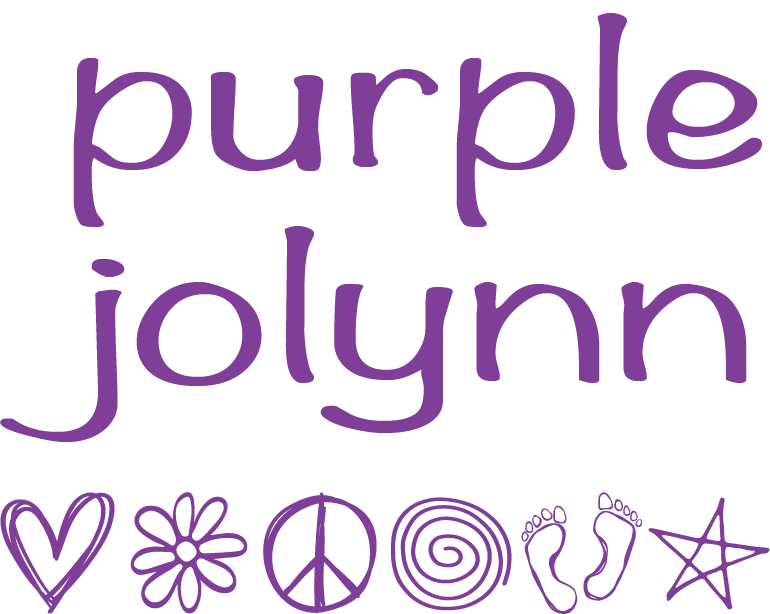 Handwriting purple jolynn and hand-drawn symbols-heart, flower, peace, spiral, feet, and star