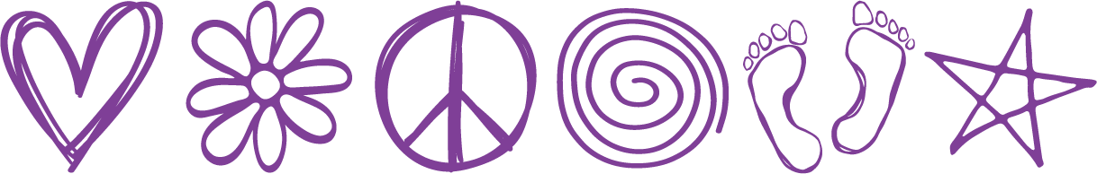 Six hand-drawn purple symbols - heart, flower, peace, spiral, feet, and star.