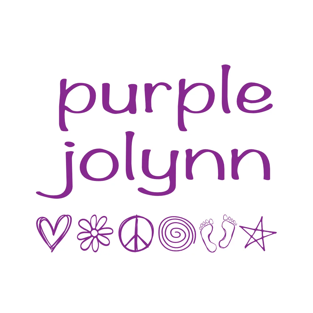 purple jolynn hand lettered text with the heart, daisy, peace, spiral, footprints, and star symbols underneath.
