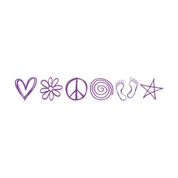 Six hand drawn purple symbols in a row: a heart, a daisy, a peace sign, a spiral, a pair of footprints, and a star.